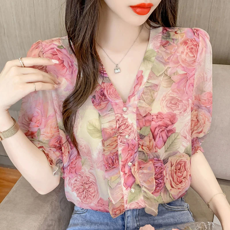 

Floral Print Elegant V-Neck Chiffon Blouses Fashion Folds Short Sleeve Button Pullovers Shirt 2022 Summer Casual Clothes 22362
