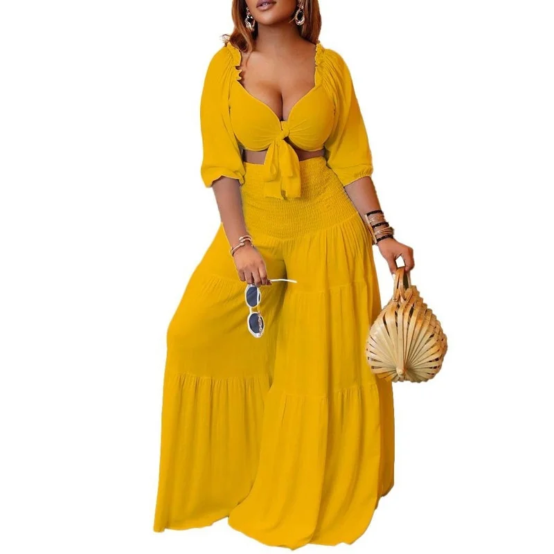 

2 Piece Set Women Spring Summer Casual Straps Crop Tops And High Waist Pant Suits Fashion Beach Style African Outfit 2022 New