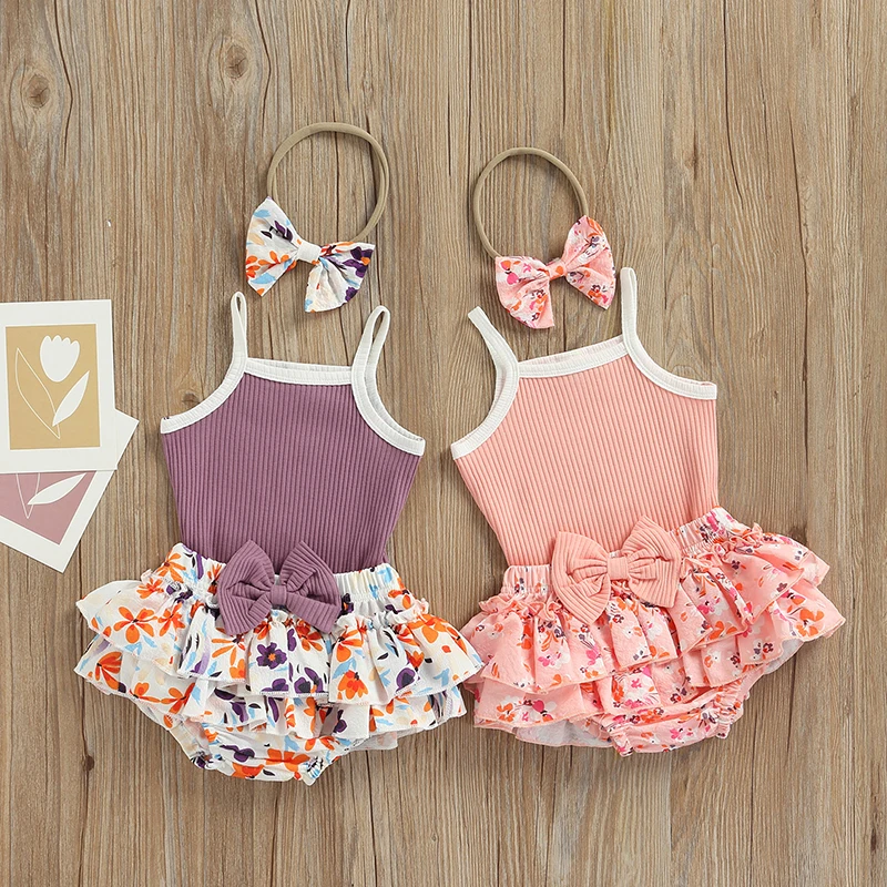 

Summer Baby Girl Strappy Rompers Toddler Sleeveless Jumpsuit Floral Print Bow Shorts Headband Baby Clothing Sets