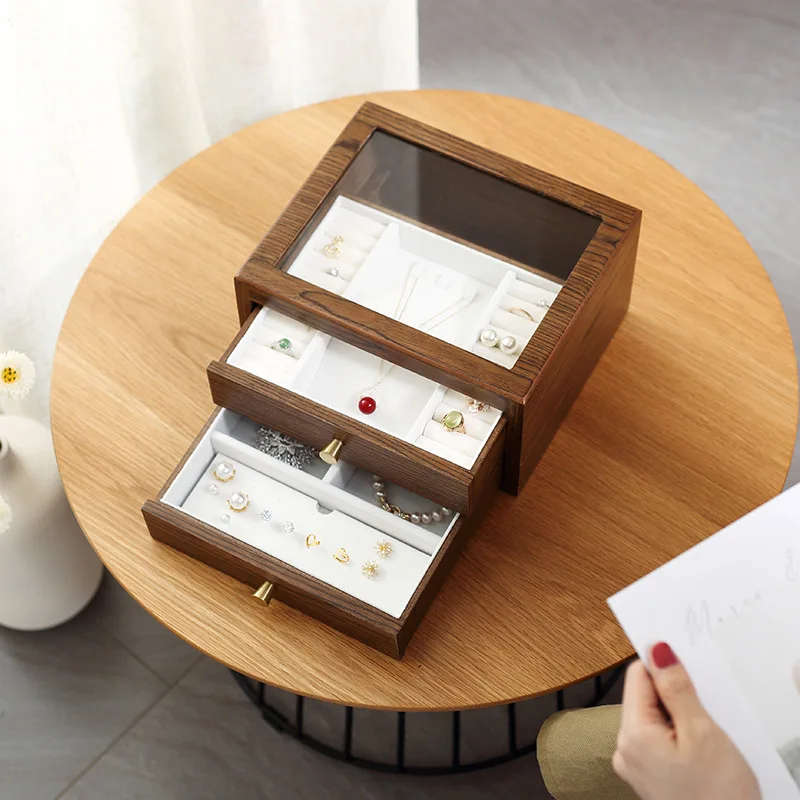 Luxury Wooden Jewelry Display Box Organizer Women Large Ring Necklace Earrings Jewellery Storage Case Gift Casket with Lock |