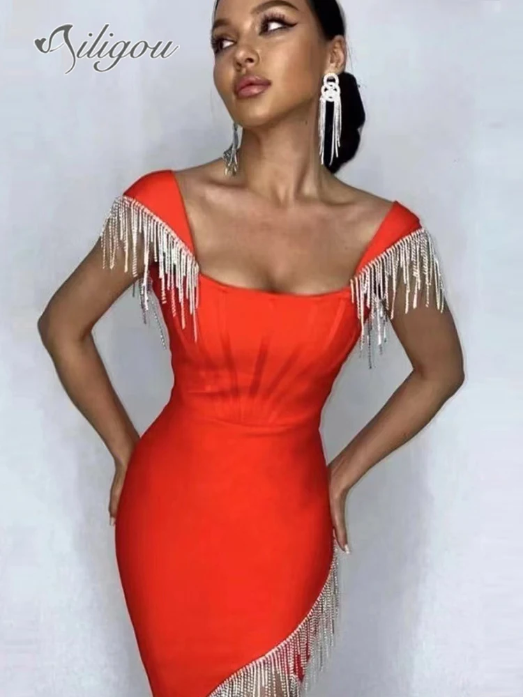 

Ailigou 2022 Red Green Women Off Shoulder Bandage Dress Diamond Tassel Birthday Club Elegant Cocktail Gala Runway Party Dress