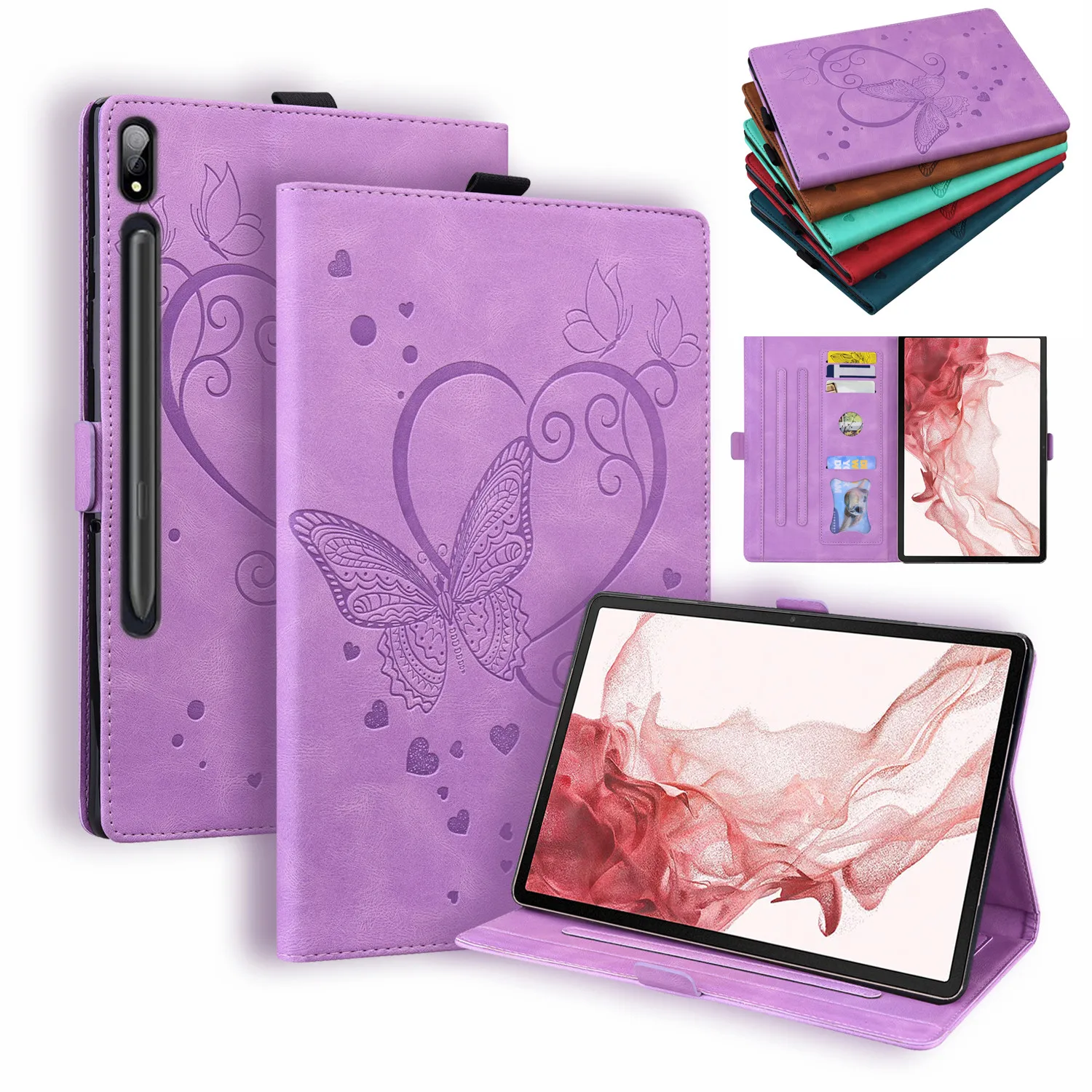 

Чехлы для планшетов Samsung Galaxy Tab S9 Plus 2023, 12,4 дюйма, кожаный чехол-бумажник для Tad S7 FE S8 Plus, с рисунком бабочки и сердца