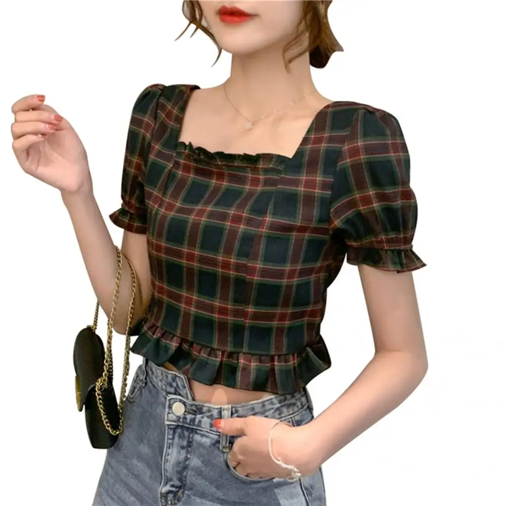 

Fashion Women Top Short Crop Top Tight Waist Puff Sleeve Plaid Top Stylish