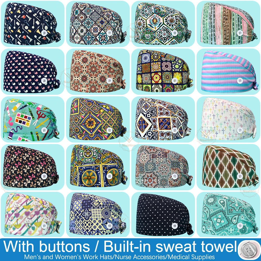 

Beauty Care Breathable Cotton Scrubs Caps Gorro Enfermera Nursing Unisex Adjustable Hat Wholesale with Button Clinic Work Hat