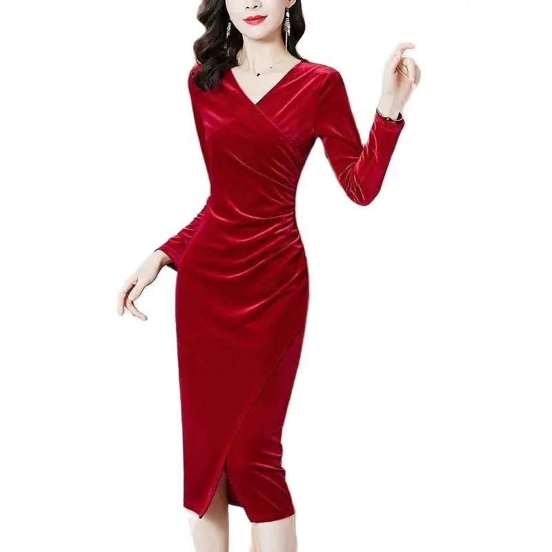 

Женское вечернее бархатное платье с V-образным вырезом и длинным рукавом