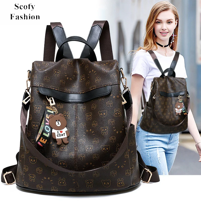 

SCOFY Soft Girls School Backpack Fashion Panda Prints PU Leather Anti-theft Backpack Luxury Leisure Chic Bookbag Travel Backpack