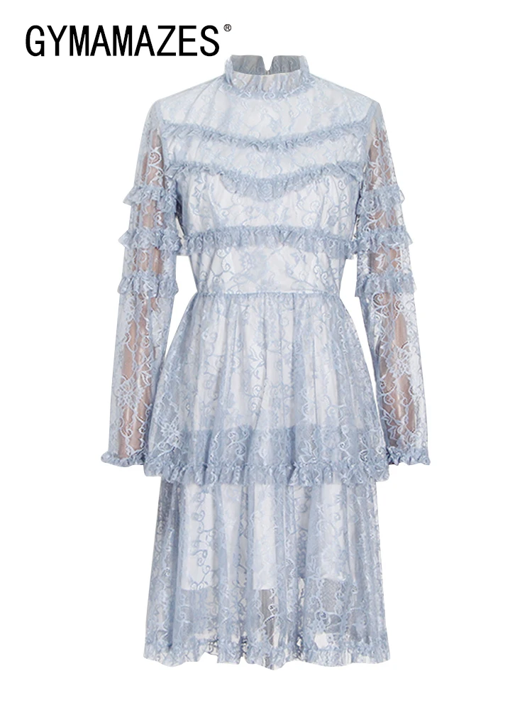 

GYMAMAZES Lace Panel Elegant Women's Dress Stand Collar Long Sleeve High Waist Mini Dresses Female Fashion Style Clothing 2022