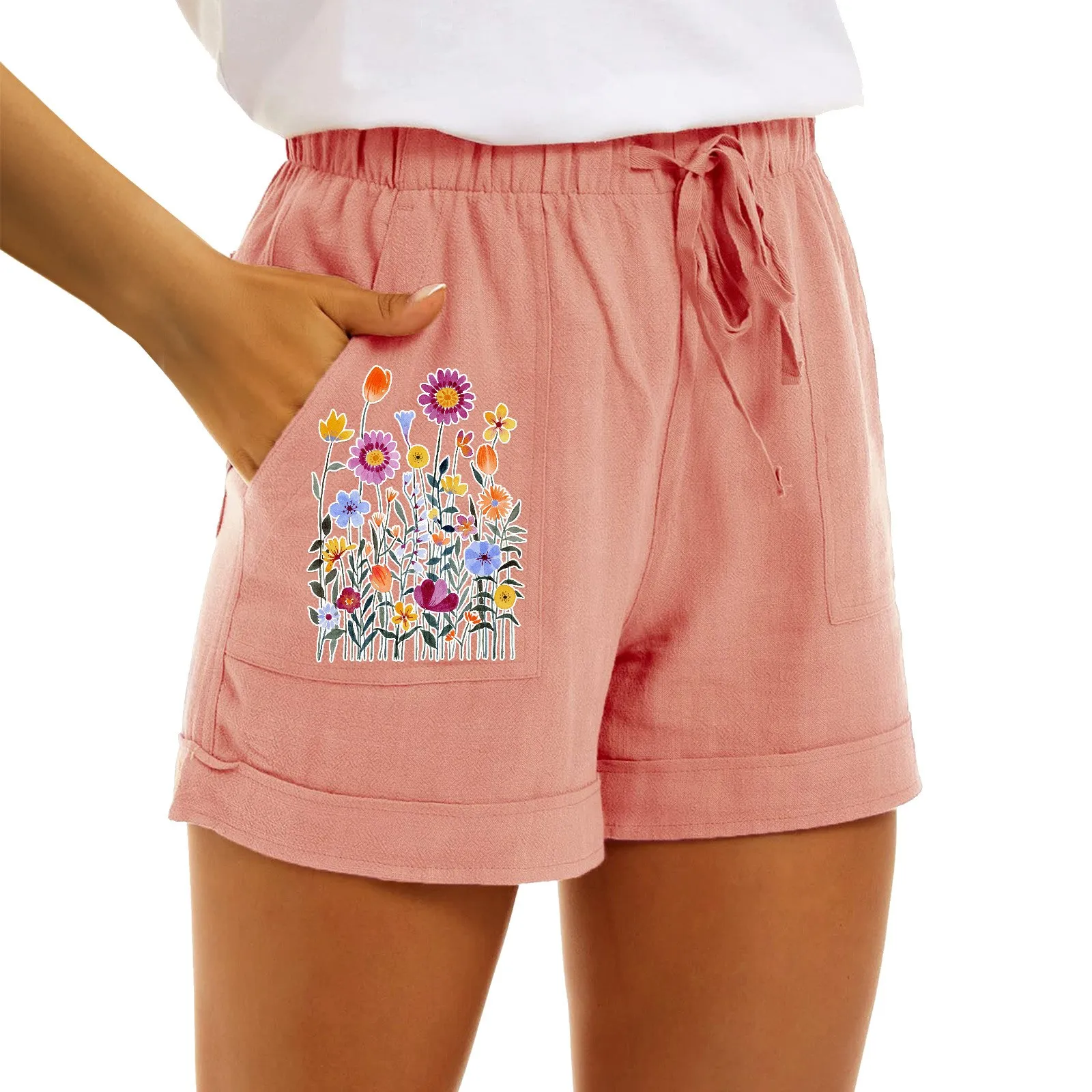 

Faux Cotton Linen Trunks Printing Shorts Elastic Waist Pants Lace Up Shorts For Women Loose Breathable Outfits Pantalones Cortos