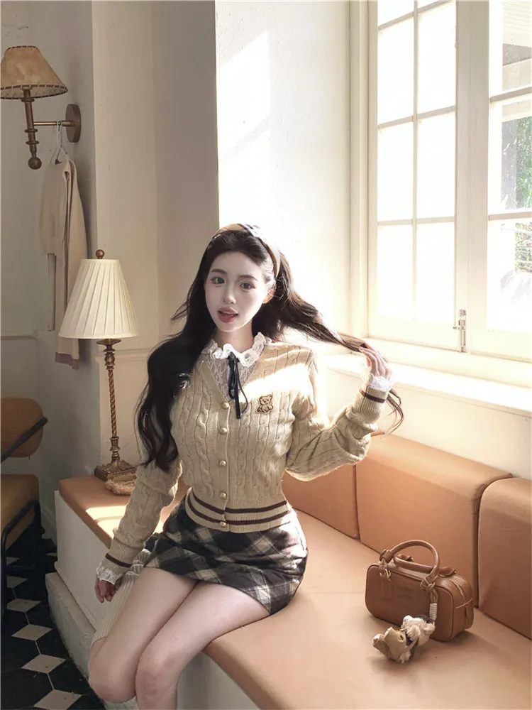 Студентка униформа из 2 предметов костюмы модные вязаные комплекты 3 кружевная