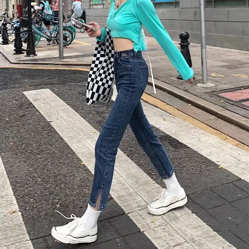 

Denim Ninth Pants Tide Small Tall Waist Stretch Micro-slit Jeans Female Hot Girl Version Flared Pants Preppy Style Free Shipping