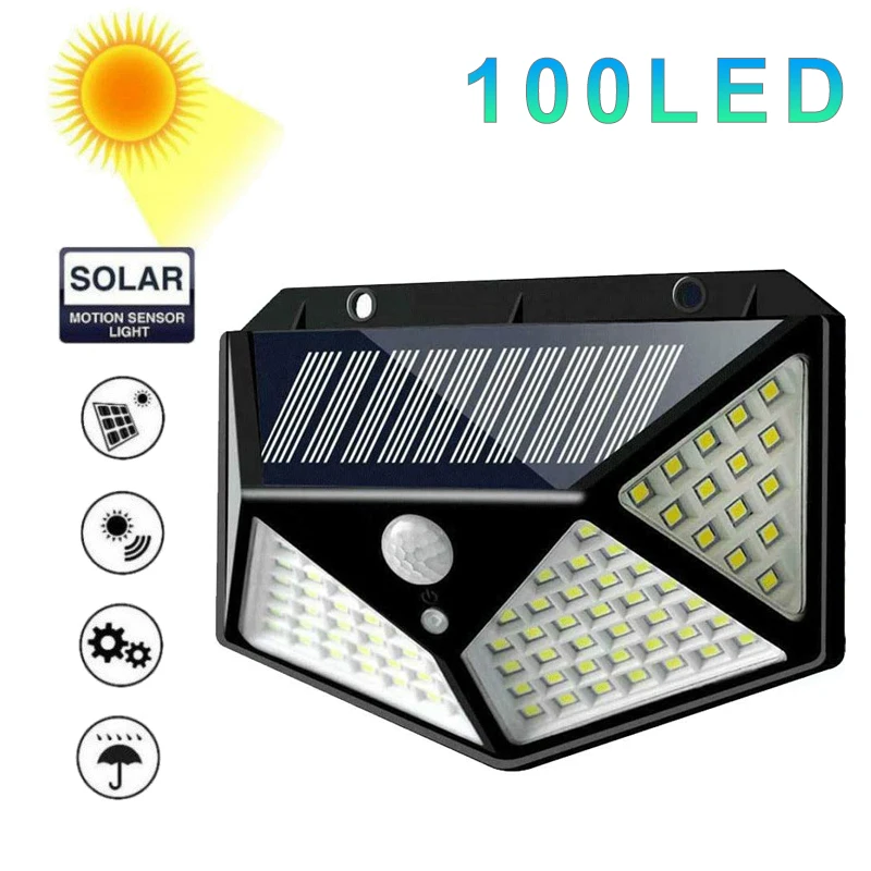 Solar Outdoor Lights 100 LEDs Waterproof with Lights Reflector Motion Sensor Security Lights for Wall Patio Garage Deck Garden