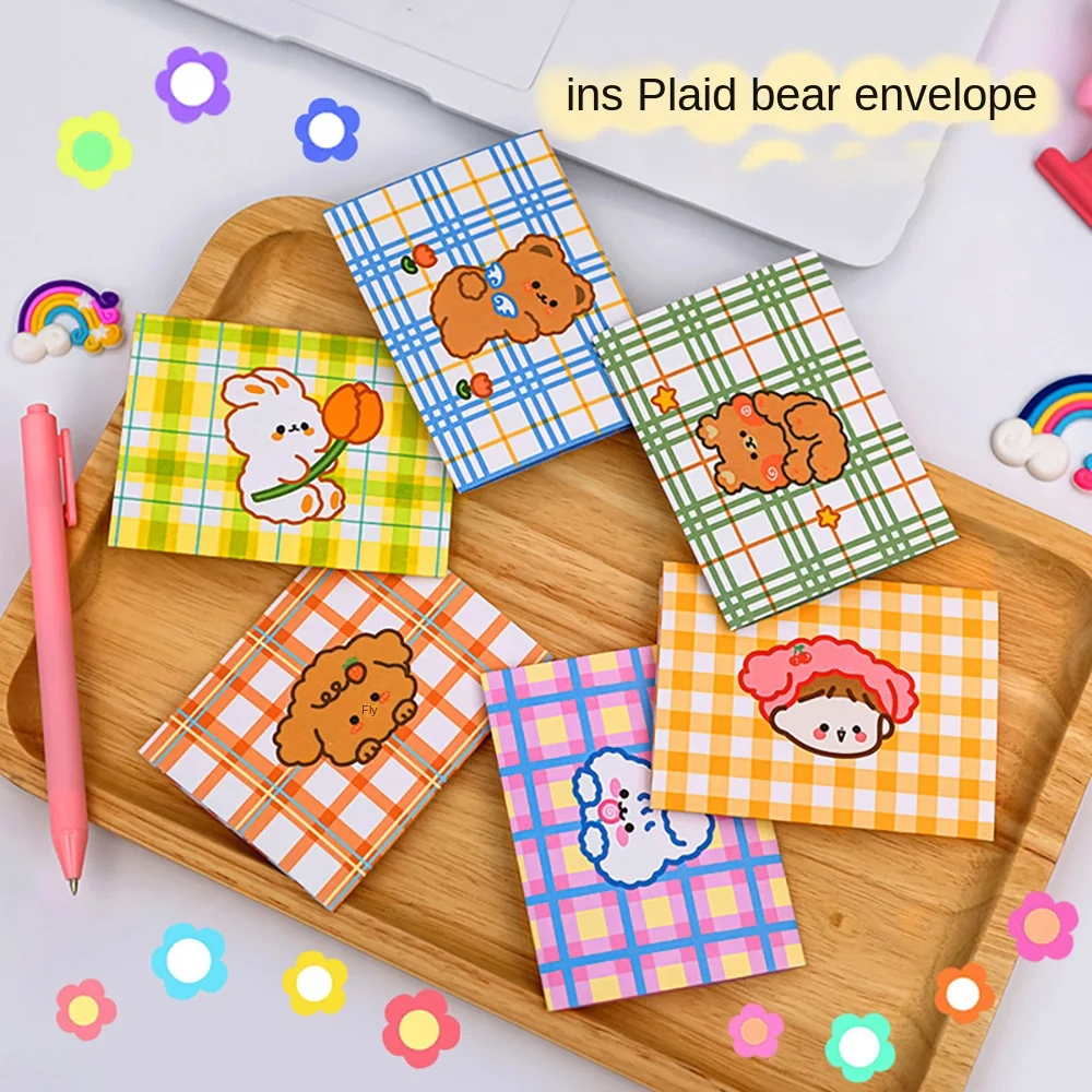 

5Pcs Cartoon Plaid Bear Envelope Greeting Card Student DIY Foldable Message Card Postcard Birthday Party Invitation Holiday