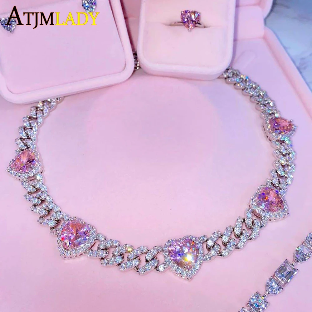 Iced Out Bling Cubic Zirconia 11mm Miami Cuban Link Chain Hearts Necklace Pink Heart CZ Charm Choker Jewelry Hiphop For Women