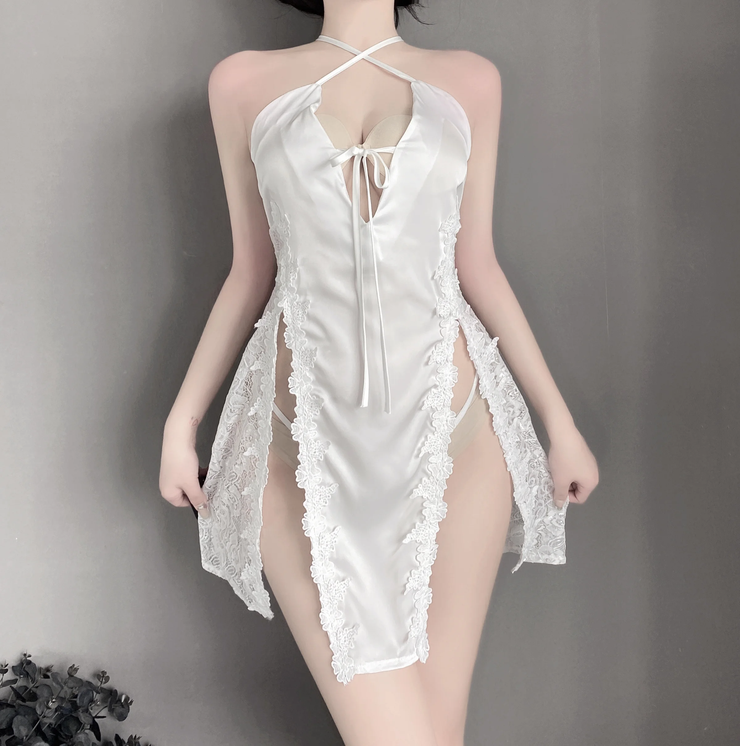 

Lady's Sexy Nightdress Lace Deep V Temptation Split Embroidery Suspender Pajamas Sexy Lingerie Adult Female Erotic Clothing