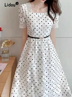 elegance polka dots belt a line skirt summer new short sleeve square collar gauze waist thin sense of luxury white midi dress