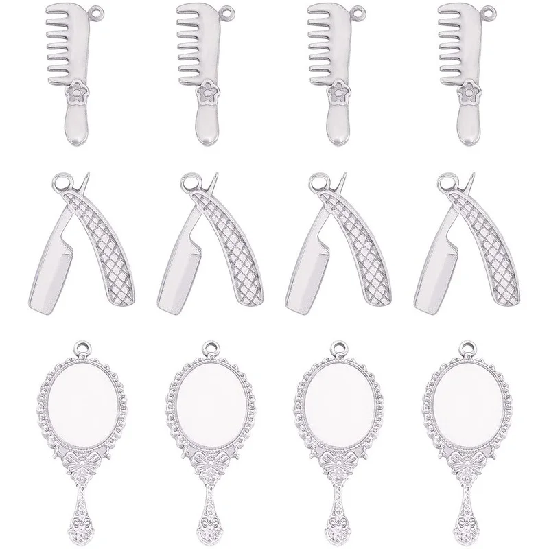 

12pcs Comb/Mirror/Comb with Flower Charm Stainless Steel Charm Metal Pendant Smooth Charms for Jewelry Making 25-32mm