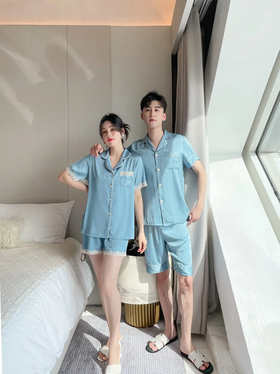 [Women's pajamas] [high-quality]Couple Ice Silk Pajamas for Men and Women Advanced Spring/Summer Thin Home Fur Set