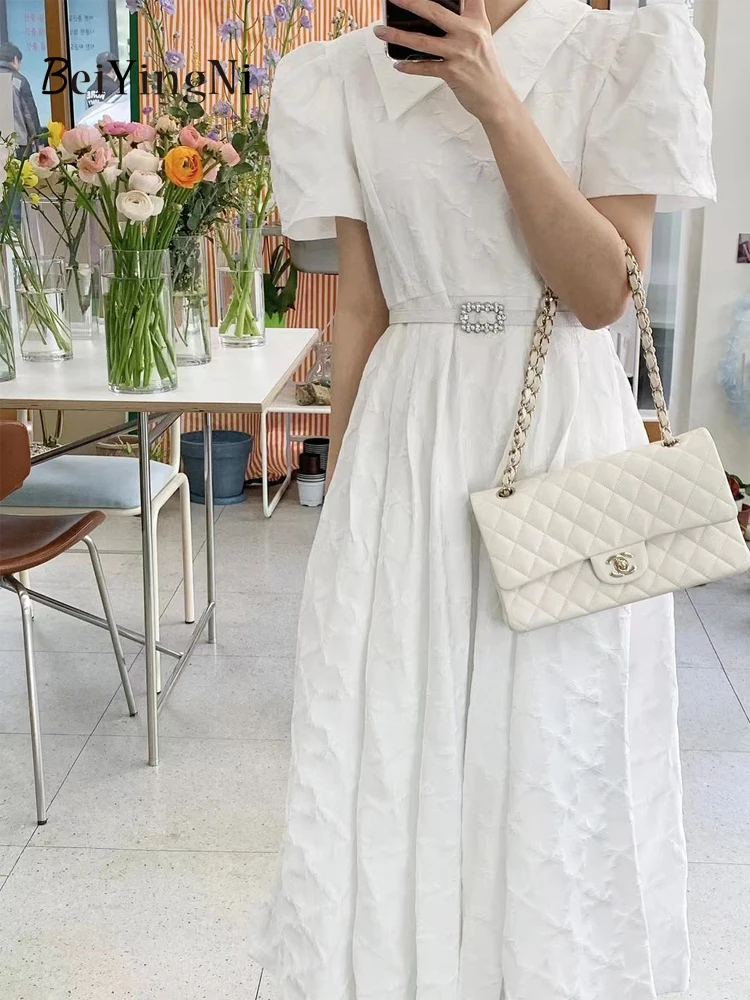 

Beiyingni Elegant French Dress Women With Belt Luxury Korean Fashion Kawaii Short Puff Sleeve A-line Dresses Woman Pink Clothes