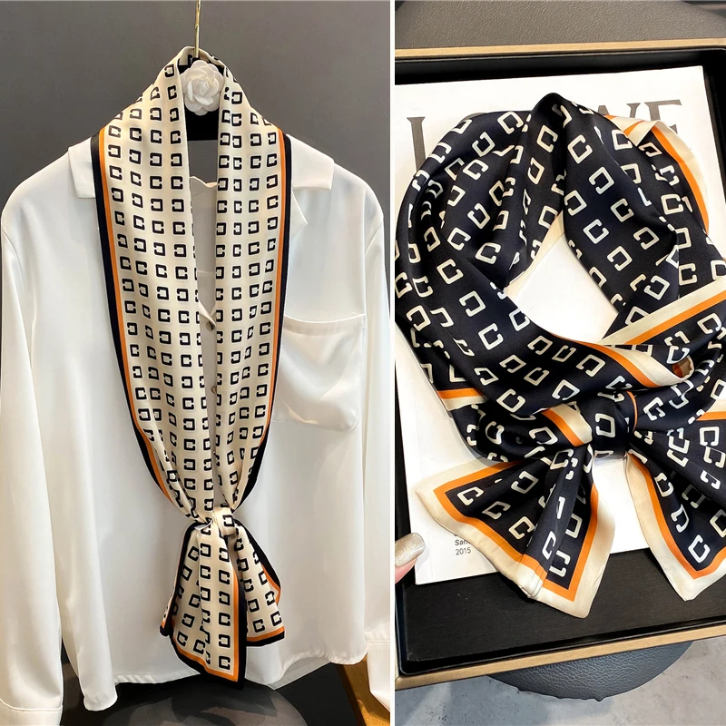 

2022 New Design Silk Skinny Scarf for Women Letter Print Neck Tie Hair Bands Female Headband Shawl Wraps Neckerchief Foulard