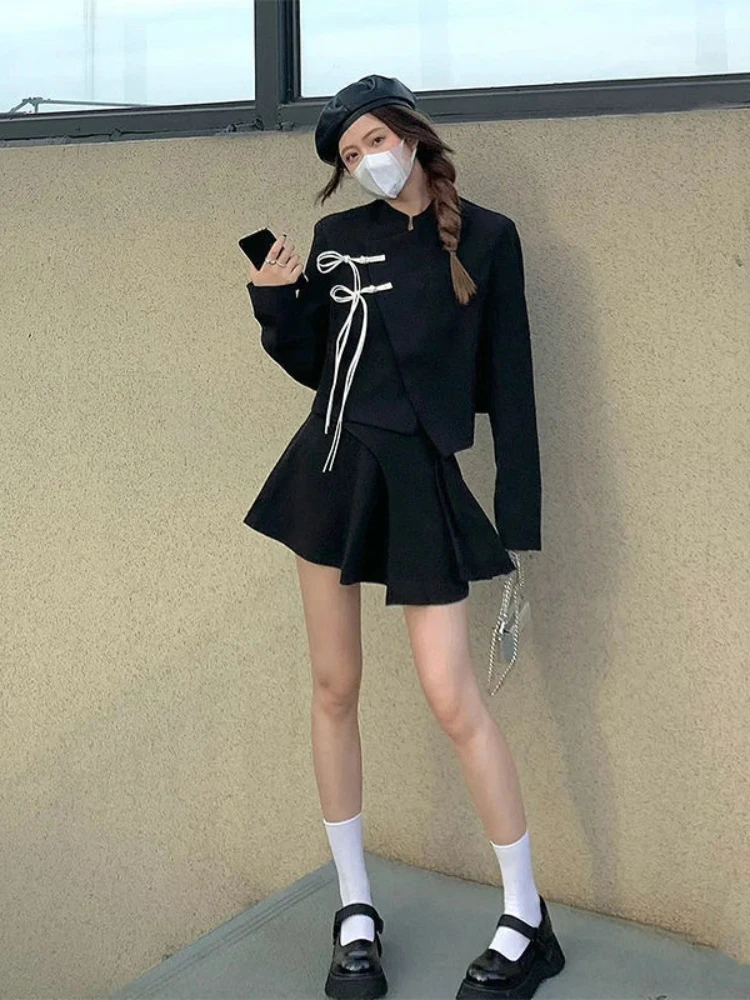 

Stand Neck Forked Crop Tops Mini Pleated Skirt Chinese Style Solid Loose Spring Autumn Vintage Punk Gothic Y2k Two Piece Set