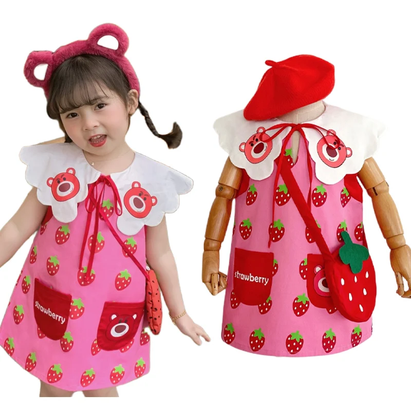 

Летнее Новое Детское платье Disney Lotso, милая детская юбка с коротким рукавом и милым мультяшным аниме, удобная и приятная на ощупь