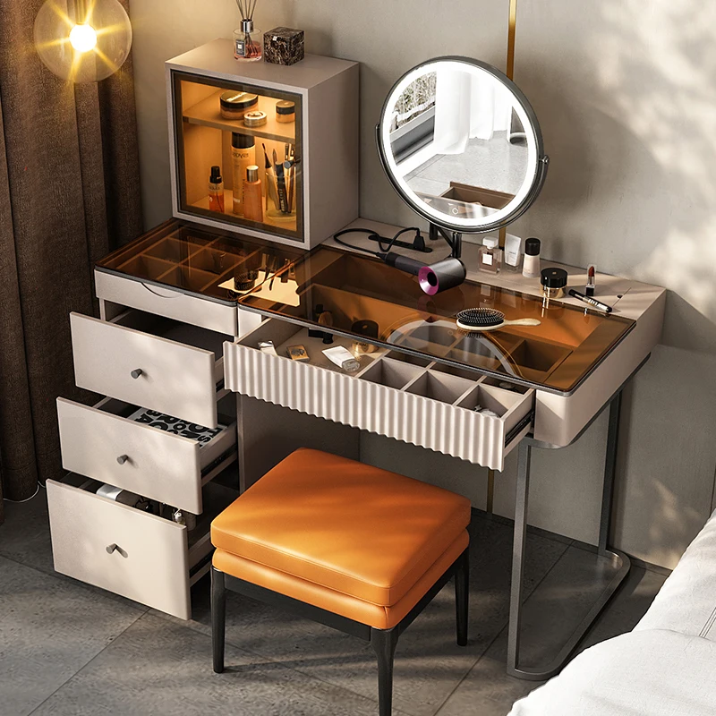 

Italian Minimalist High-End Vanity Table: Bedroom, Modern, Simple, Luxurious Makeup Desk with Integrated Storage Cabinet.