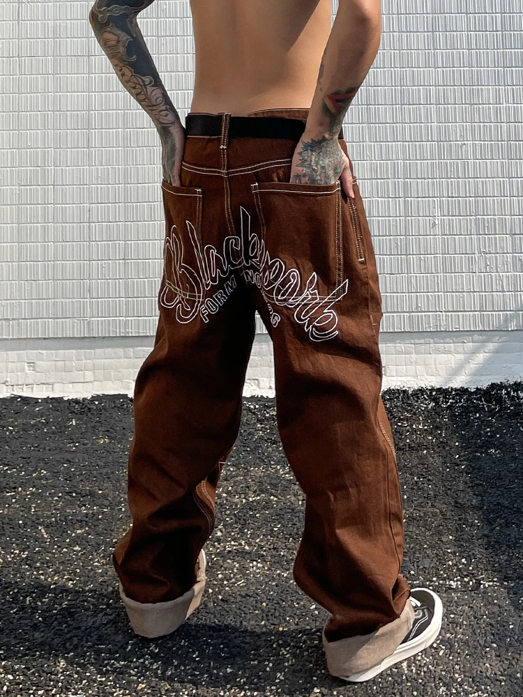 Four Seasons Star Embroidered Straight Loose Fit Boyfriend Pant Pantalone Hombre Y2K Fashion Brown Mid Waist Loose Jeans for Men