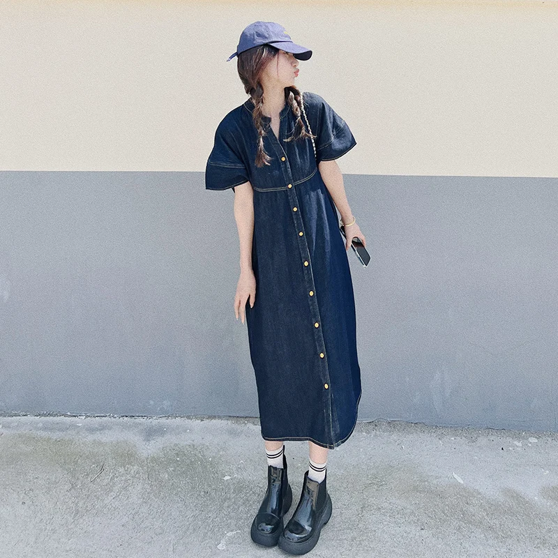 

Puff Short Sleeve Single Breasted Denim Dress for Women 2023 Summer New Vintage Elegant Loose Casual One Piece Dresses 3057