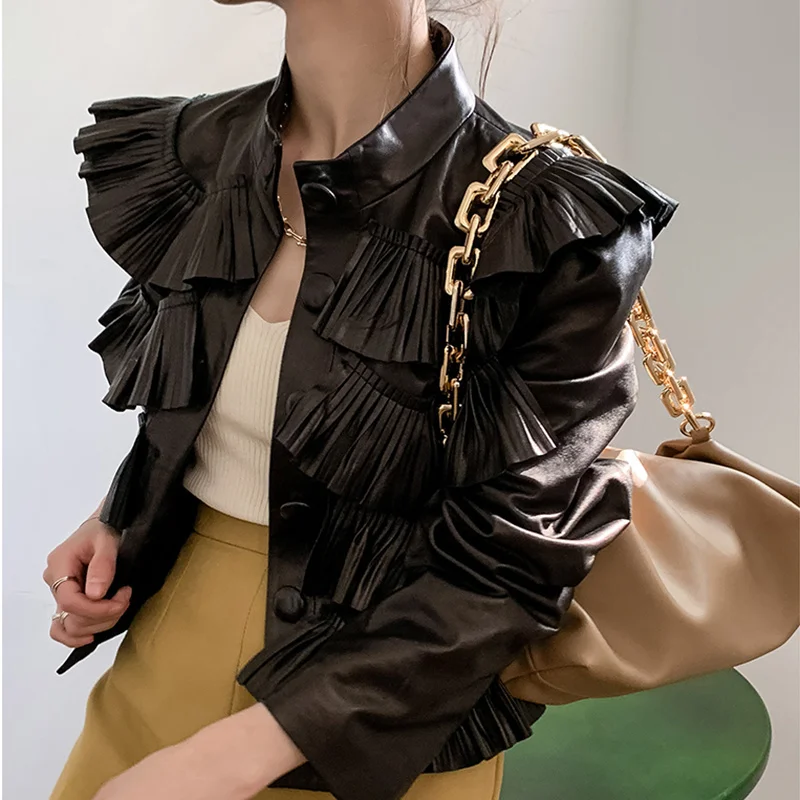 

2022 Women's Leather Jacket Ruffle Fashion New Style Short Vertical Collar Coat Casual Pleat Slim Sheepskin Jacket Coat