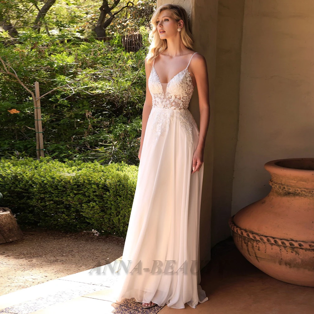 

Anna Spaghetti Strap Bohe Wedding Gown Sleeveless Simple Chiffon Appliques Backless A Line Floor Length Vestido De Casamento