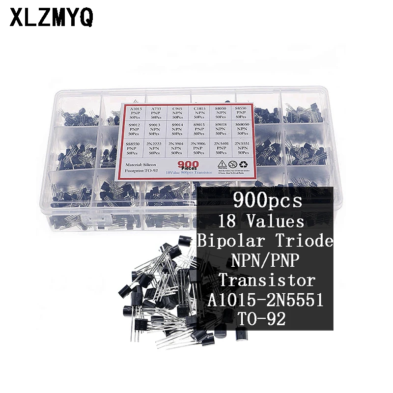 

18 значений 900 шт. биполярный Триод NPN/PNP Набор транзисторов TO-92 A1015-2N5551 Box Kit S8050 S8550 2N2222 2N3906 2N3904 транзистор