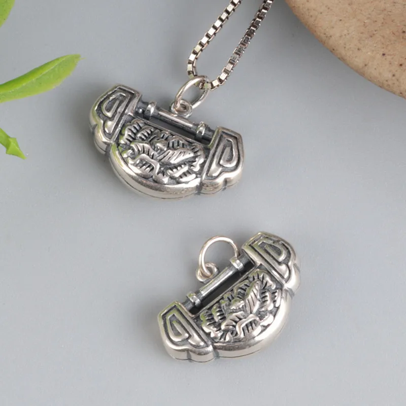

S925 pure silver peony ruyi lock pendant retro floret little silver lock pendant double-sided pendant charm accessories