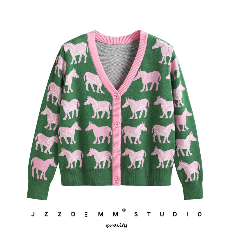 

Zebra jacquard cardigan women's spring new slim v-neck fashion temperament top knitted sweater jacket
