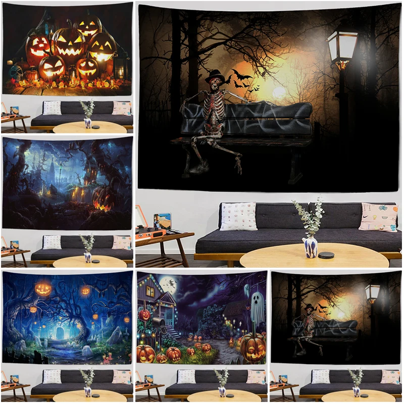 

Halloween Pumpkin Skull Tapestry Wall Covering Home Decor Living Room Bedroom Tapestries Decoration Accessories Background Cloth