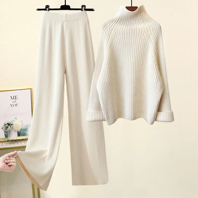

Autumn Woman Warm Knitted Suit Femlae Long Sleeve Turtleneck Knitting Sweater and Wide Leg Pants Oversize Sets Loose Set G114