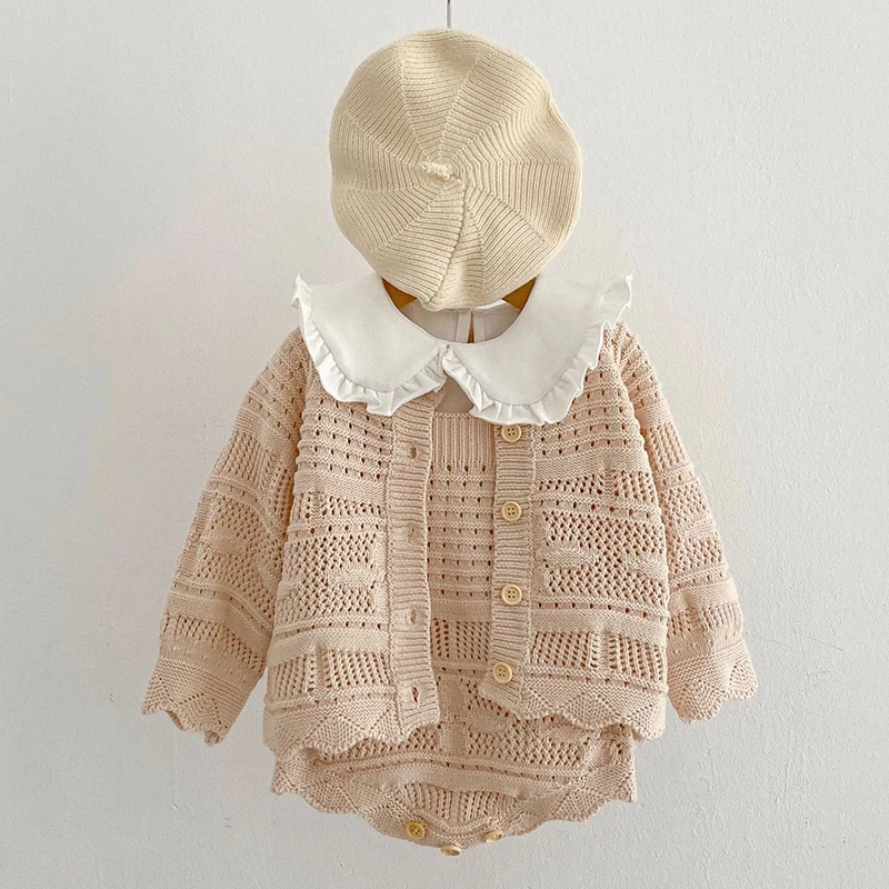 

2023 New Baby Girls Knitting Clothing Sets Solid Color Hollow Cardigan Coat+Jumpsuit Spring Autumn Newborn Baby Clothes Suit