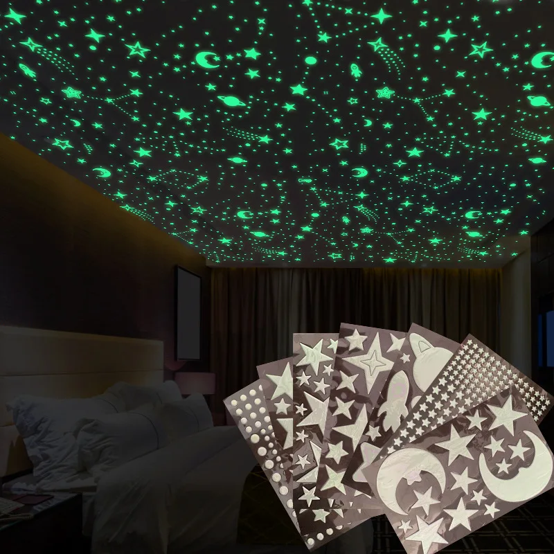 

Hot Sale Kids Room 3D Luminous Stars Moon Dots Wall Sticker Bedroom Home Decoration Glow In The Dark Toys DIY Stickers