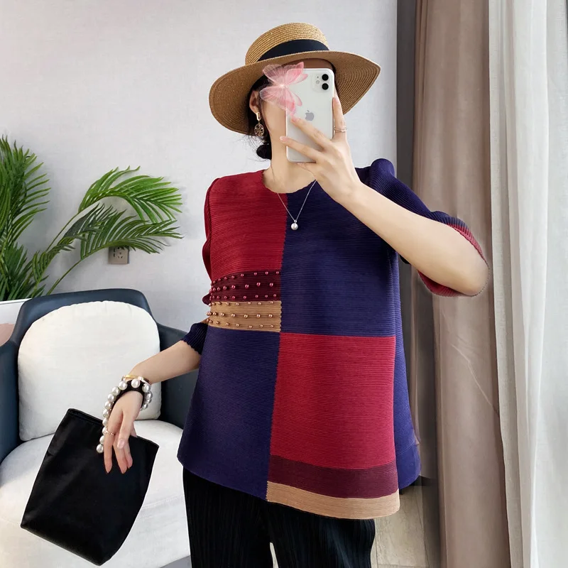 

SuperAen 2022 Spring Summer Color Matching Fashion Nail Bead Three Quarter O Neck T-shirt Women's Loose Oversized Tops