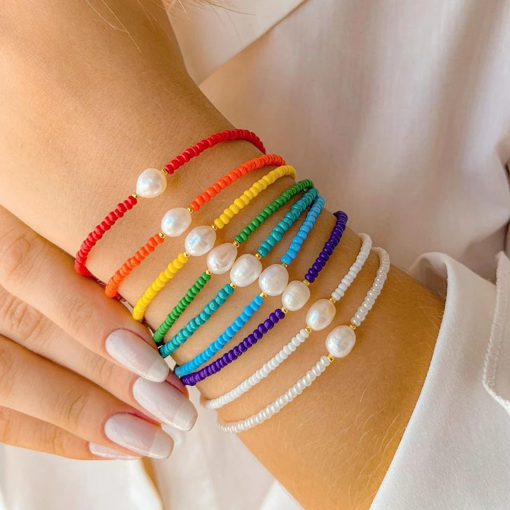 

Браслет Go2BoHo из натурального жемчуга изящные браслеты 2022 модные ювелирные изделия 9 однотонных крошечных бусин простые браслеты для женщин