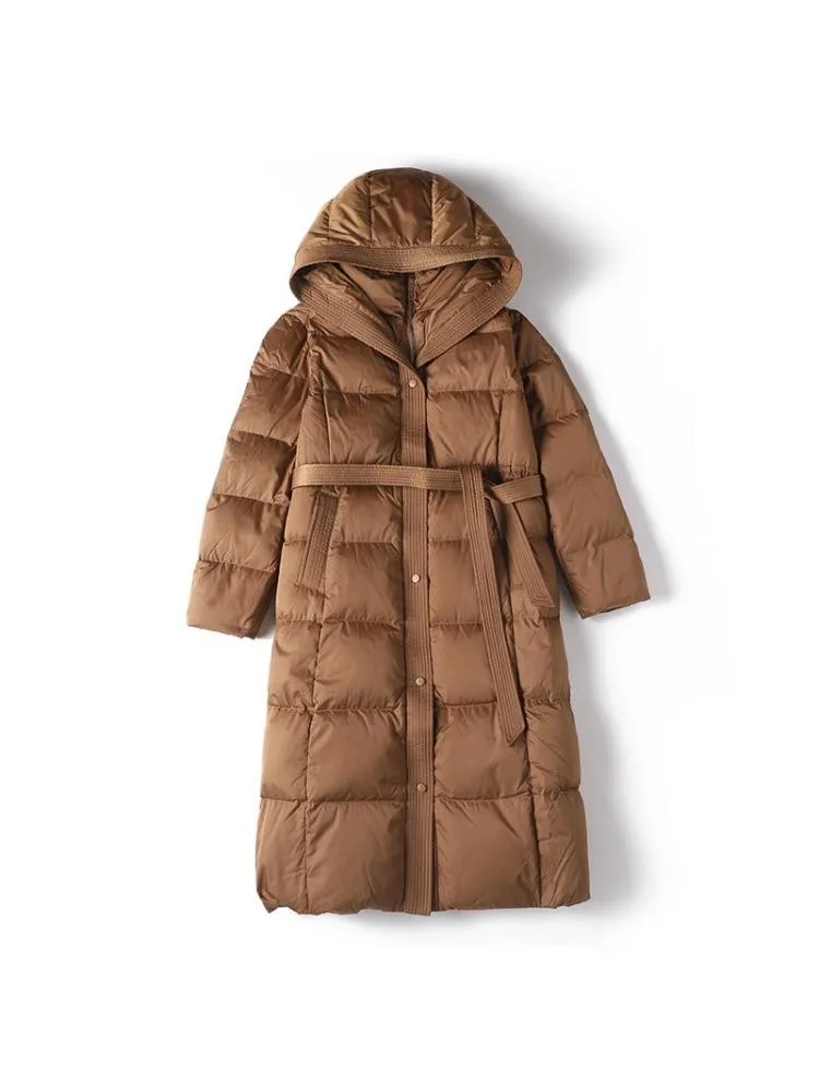 2022 Winter New Style Black X-Long 90 White Duck Down Coats Women's Hooded Lace Up Loose Thicked Padded Warmer Jackets