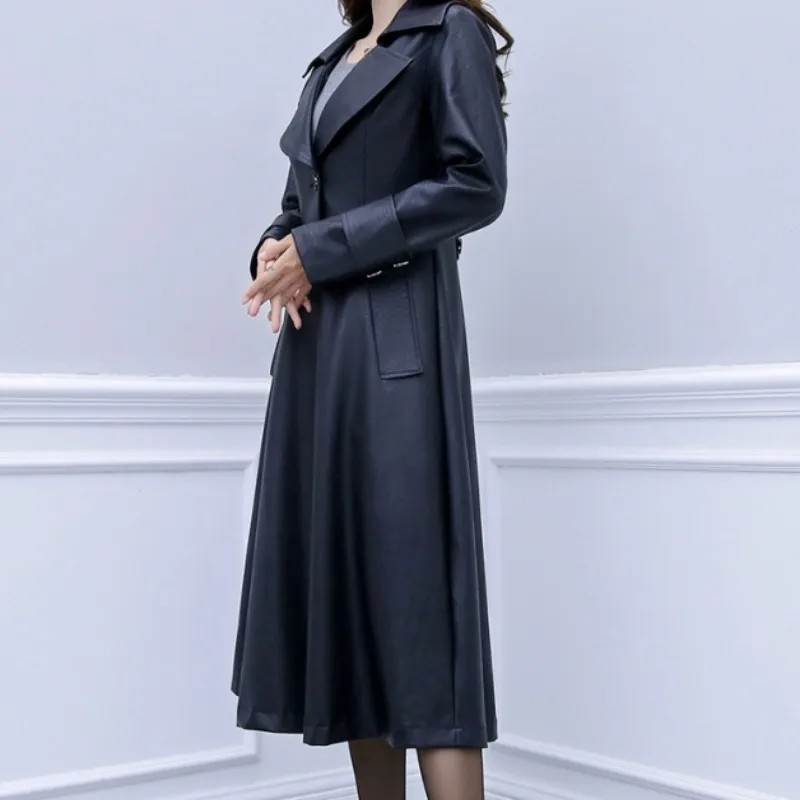 Spring and Autumn New Long Black Soft Artificial Leather Women's Long Sleeve Button Slim Elegant Comfortable Versatile Jacket