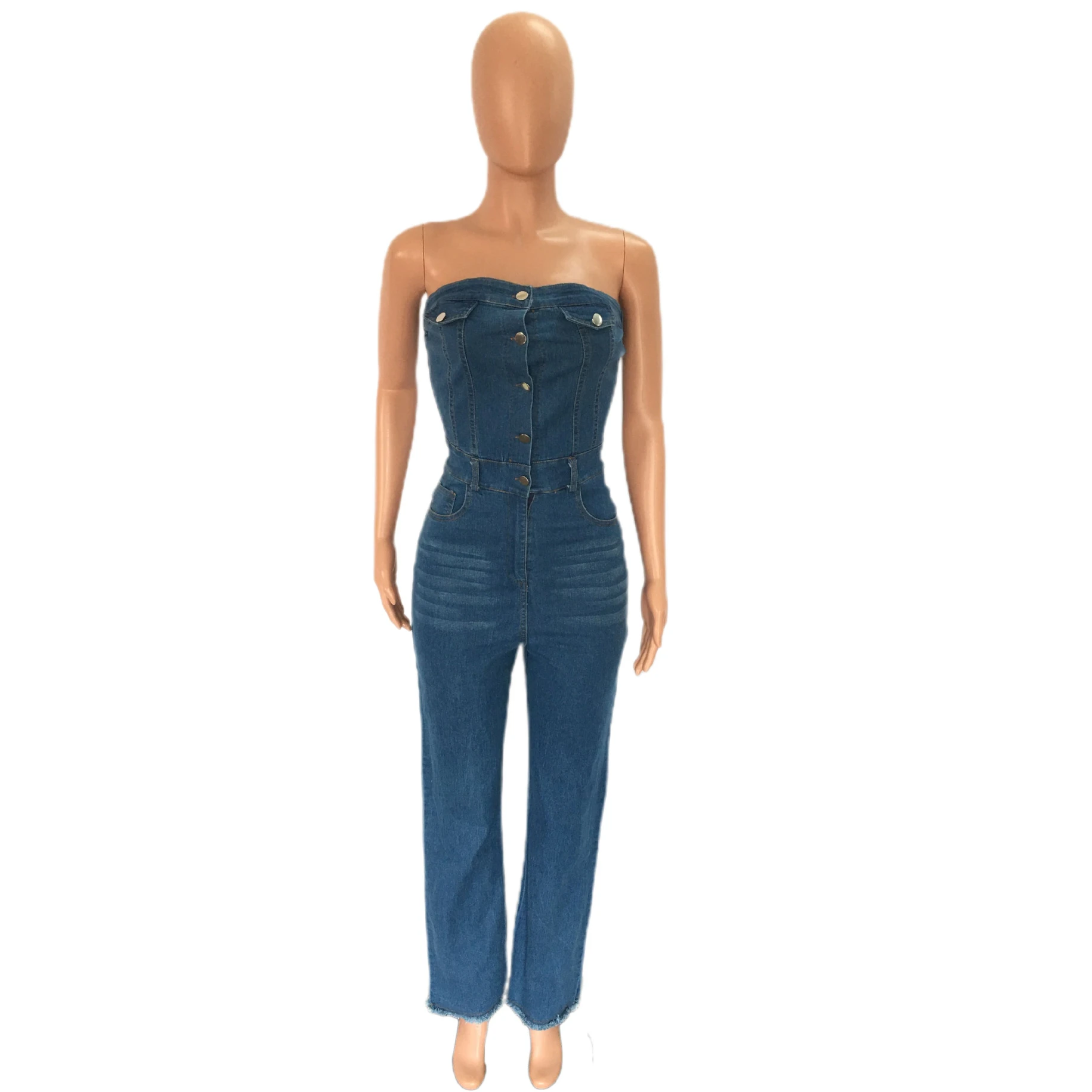 Strapless Blue Denim Jumpsuit Women's 2023 Summer New Korean Fashion Button Down Jeans Overalls Female Wide Leg Pants Jumpsuits