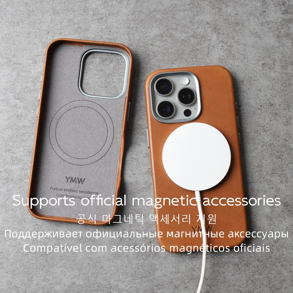 Фото YMW HAAS Barenia Чехол из натуральной кожи ручной работы для iPhone 15 16 Pro Max Роскошный деловой чехол для телефона из воловьей кожи растительного дубления №5