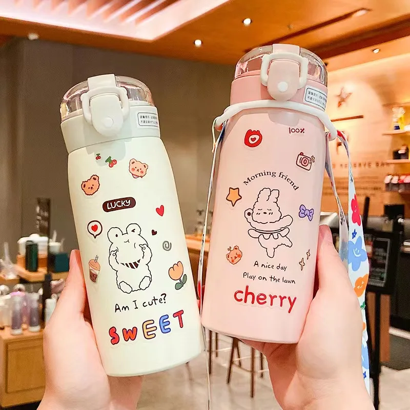 

350ml/500ml Cute Water Bottle Thermos Cup Portable Kawaii Thermos Bottle with Straw and Stickers Kid Stainless Steel Thermal Mug