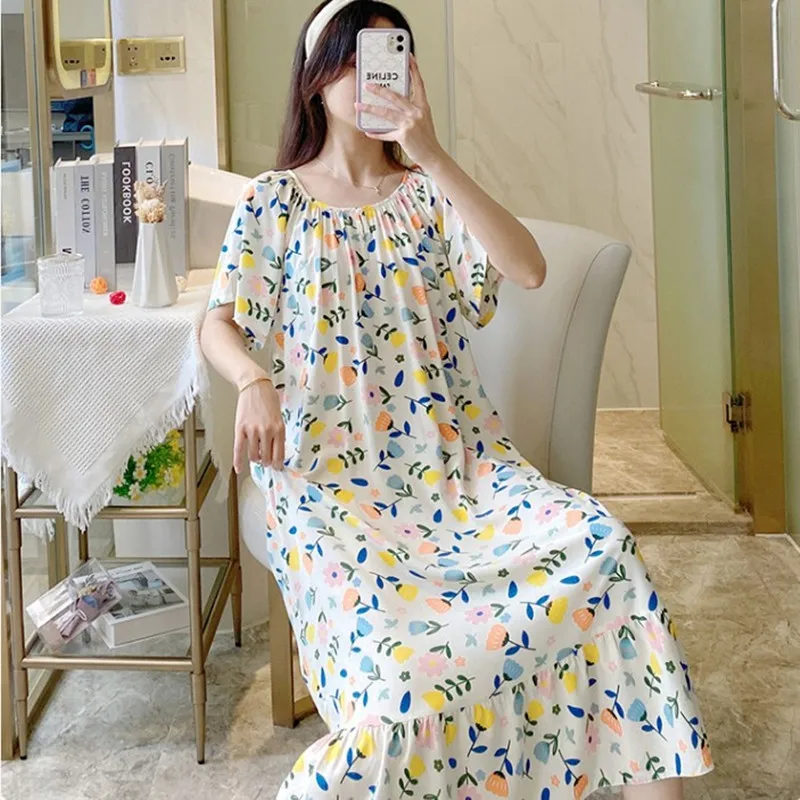 Women Student Sweet Nightdress Cotton Silk Summer Style Sleep Dresses Ladies Pajamas Nightgown