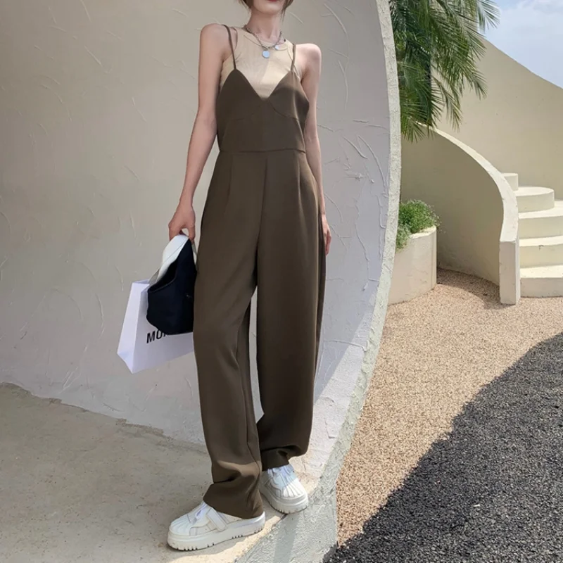 

Vintage Spaghetti Strap Jumpsuit Women Summer Korean Style 2022 New Loose Wide Leg Pant Overalls Casual Combinaison Femme