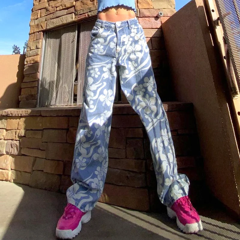 

Женские повседневные джинсы с цветочным принтом сердечком, хлопковые прямые джинсовые брюки в уличном стиле, Y2k, винтажные джинсы МОМ, мешко...