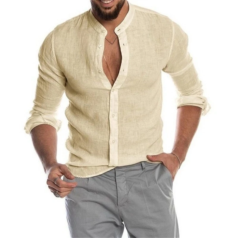Men's Long Sleeve Shirts Solid Color Linen Cardigan Brand New 2022
