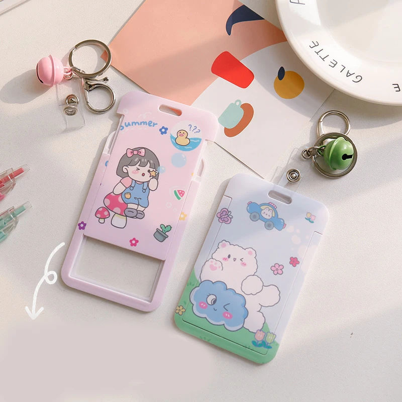 

Cute Cartoon Card Holder Lovely Student ID Credit Card Case With Bell Keyring Push-pull Slide Credit Bus Cards Holders Keychain