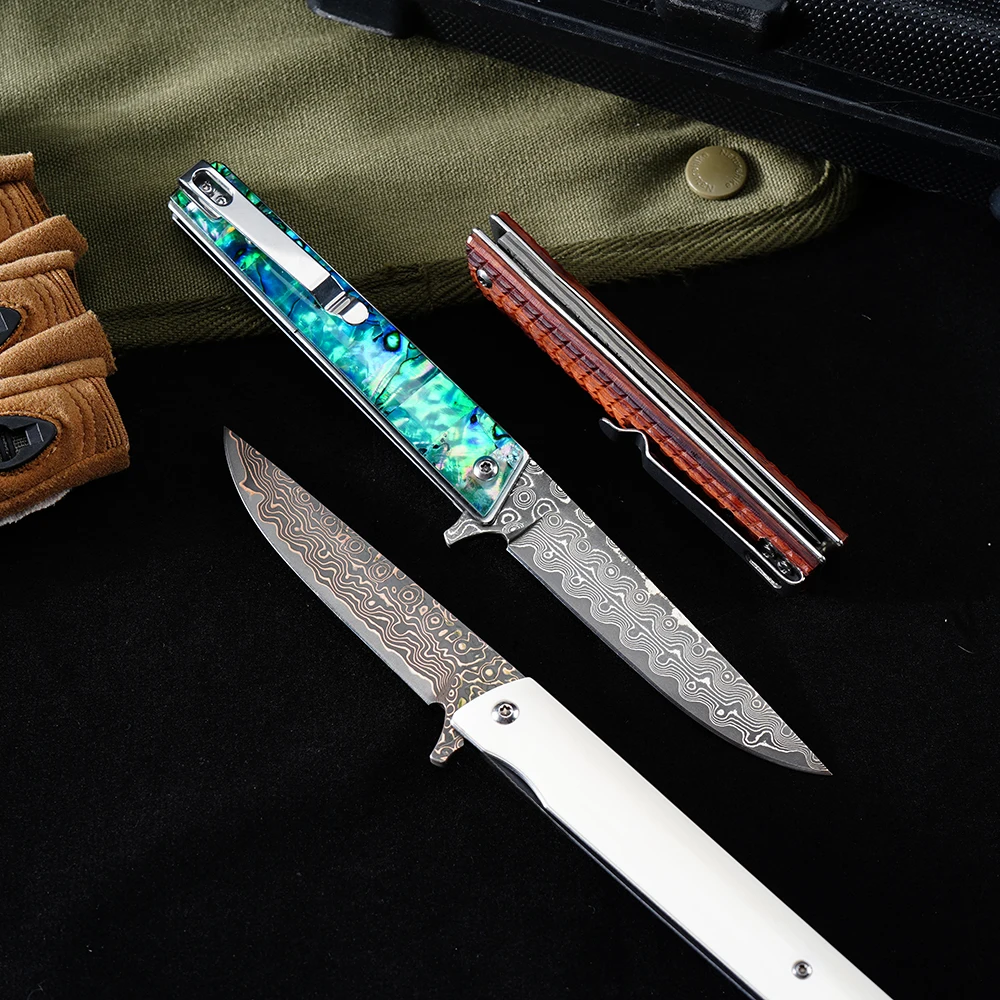 Фото Складной карманный нож BS306-1 с клинком из дамасской стали VG10, рукоять из бычьей кости/дерева/зеленого перламутра, 3 варианта дизайна, EDC-инструмент, нож для кемпинга №4